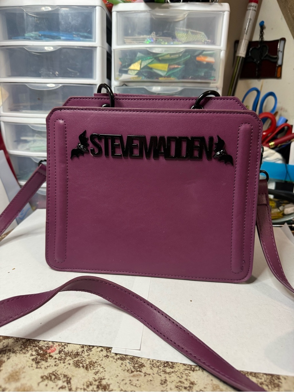 Steve Madden Plum Purple Crossbody Bag with Black Bat Logo - Halloween purse